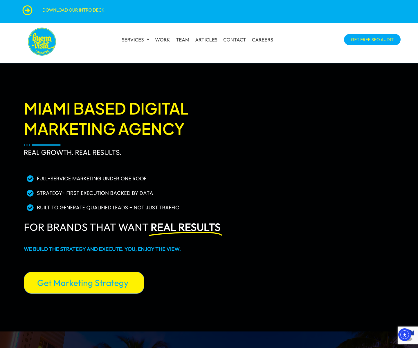 Captured Buena Vista Creative homepage screenshot used behind Clarity activity overlay